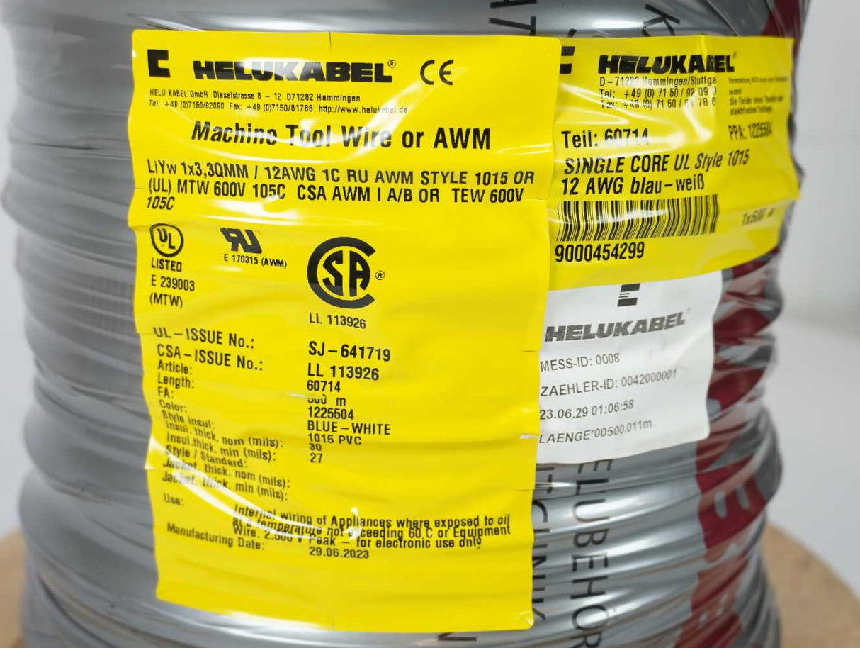 HELUKABEL 60714 Machine Tool Wire AWM LiYw 1x3.3MM 12AWG Single Core 500m