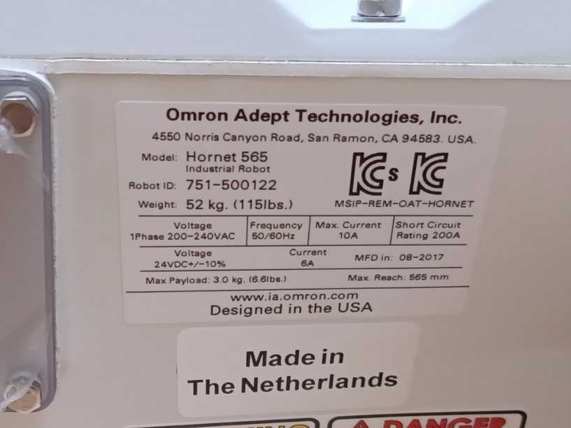 OMRON 17201-45604 Hornet 565 Parallel Robot, Robot ID: 751-500122