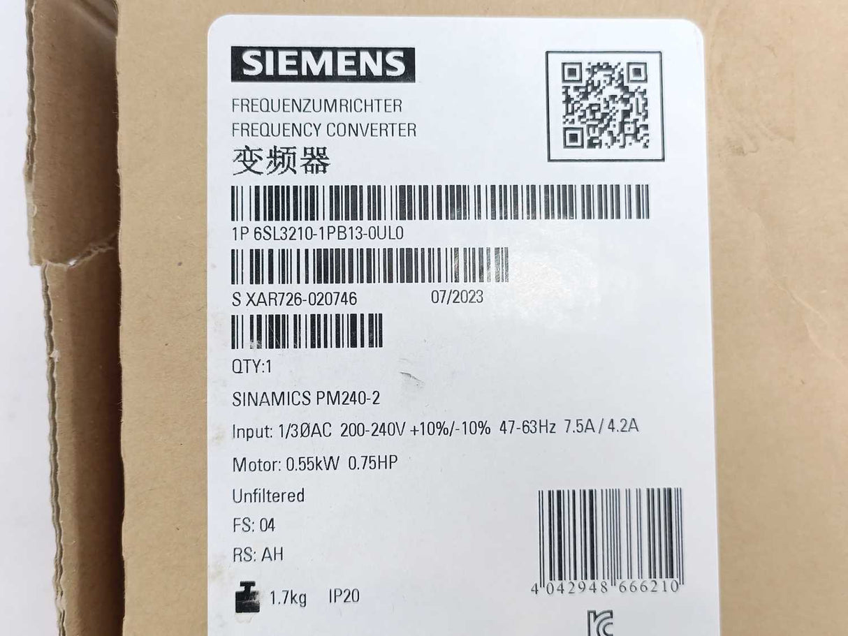 Siemens 6SL3210-1PB13-0UL0 Sinamics G120C PN 0.55kW Frequency Converter