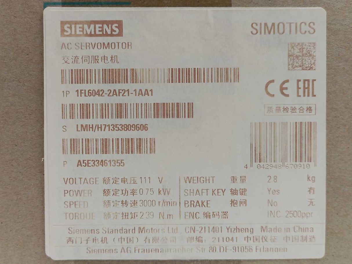 Siemens 1fl6042-2AF21-1AA1 SIMOTICS AC Servomotor 230 V 3AC Pn=0.75 kW