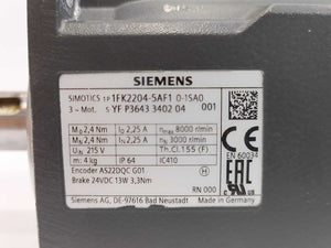 Siemens 1FK2204-5AF10-1SA0 SIMOTICS AC Servomotor 2.4Nm, 2.25A, 8000 r/min