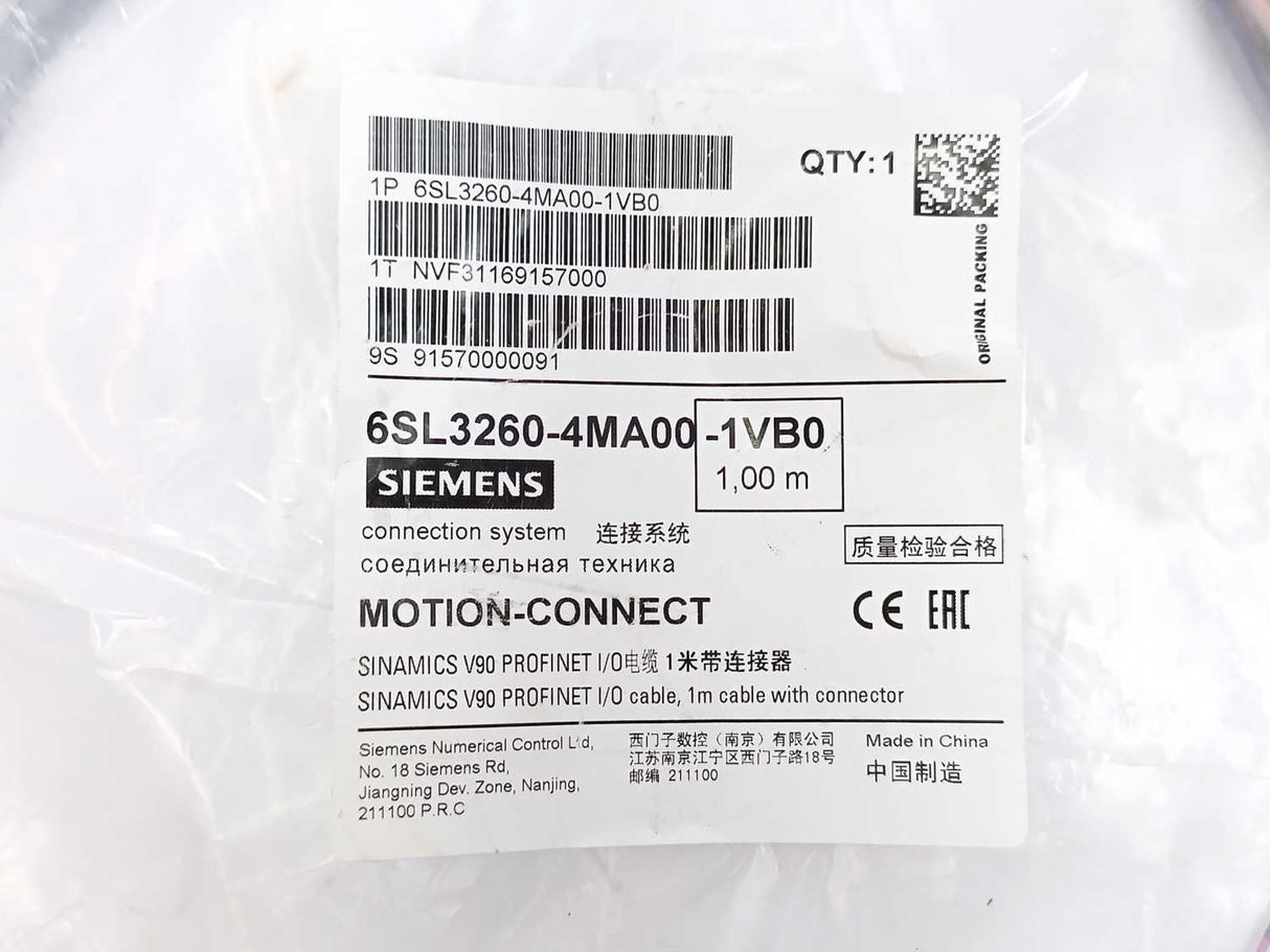 Siemens 6SL3260-4MA00-1VB0  I/O Cable for SINAMICS V90 PROFINET Length=1 m