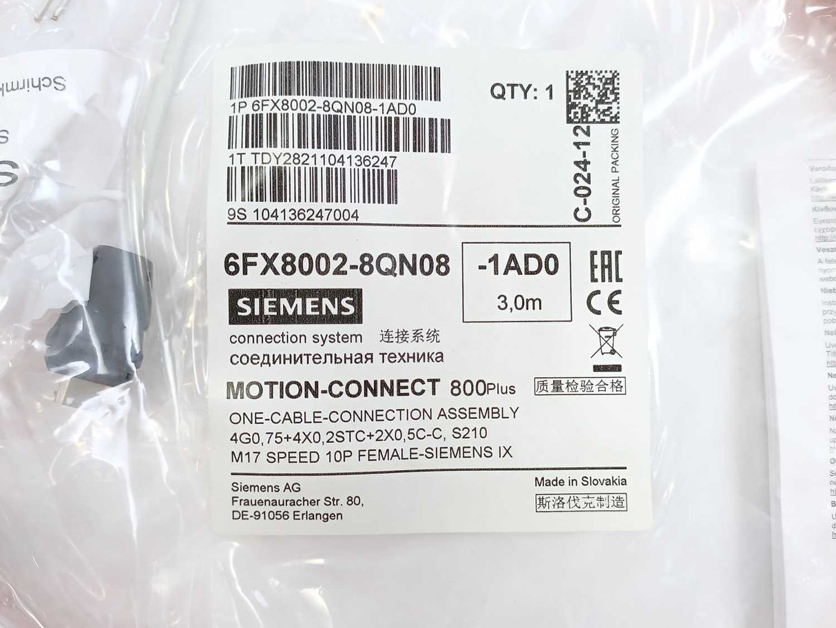 Siemens 6FX8002-8QN08-1AD0 Motion-Connect 800plus One Cable Connection Assembly