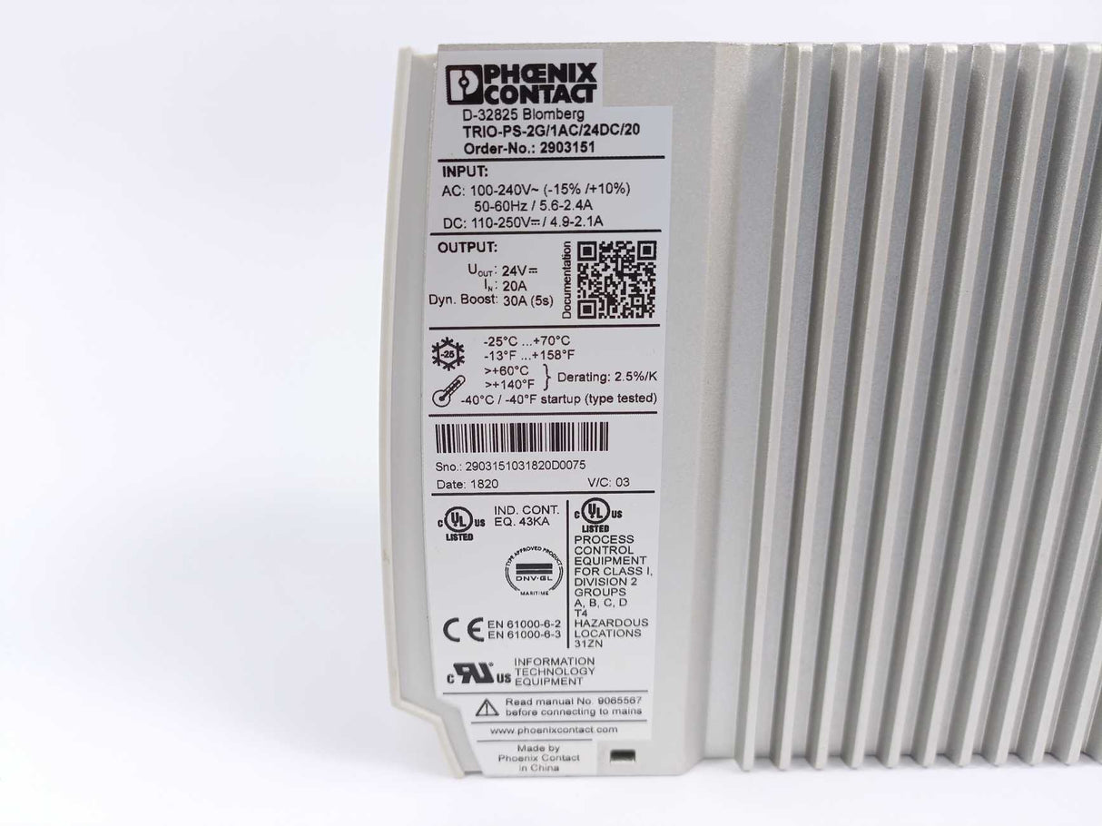 Phoenix Contact 2903151 TRIO-PS-2G/1AC/24DC/20 DIN Rail Power Supply