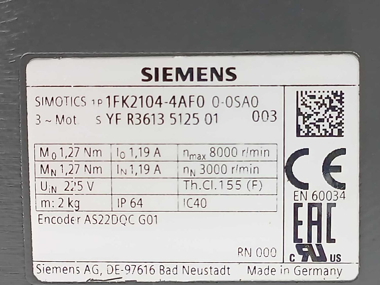 Siemens 1FK2104-4AF00-0SA0 SIMOTICS S-1FK2 HD Servo Motor M0=1.27 Nm; PN= 0.4 kW