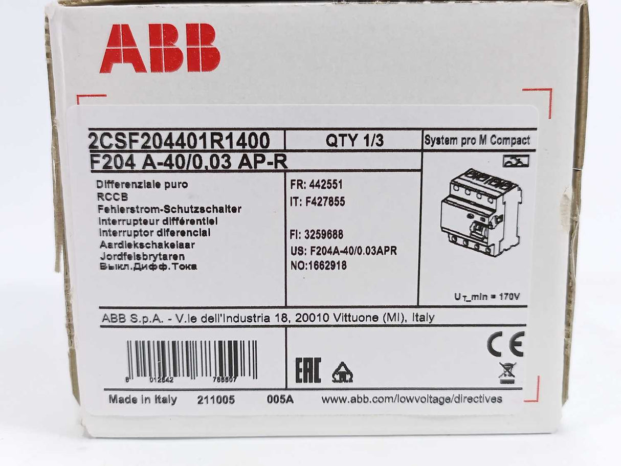ABB 2CSF204401R1400 F204 A-40/0.03 AP-R Residual Current Circuit Breaker