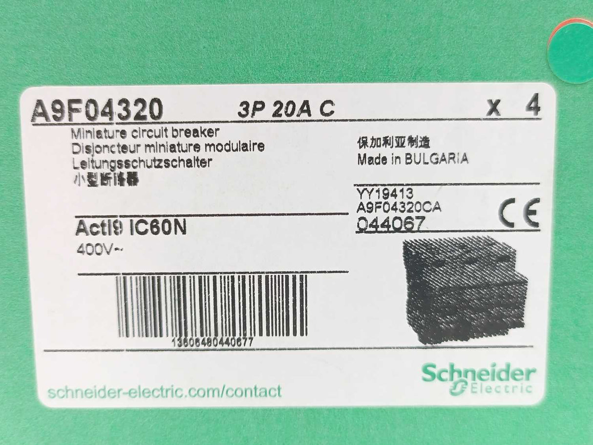 Schneider Electric A9F04320 Miniature Circuit Breaker, iC60N C20A Batch 4 Pcs.