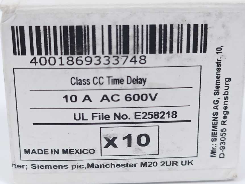 Siemens 3NW1100-0HG Cylindrical Fuse Link, Class CC, 10A, Time-Lag Batch 10pcs.