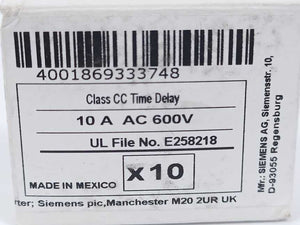 Siemens 3NW1100-0HG Cylindrical Fuse Link, Class CC, 10A, Time-Lag Batch 10pcs.
