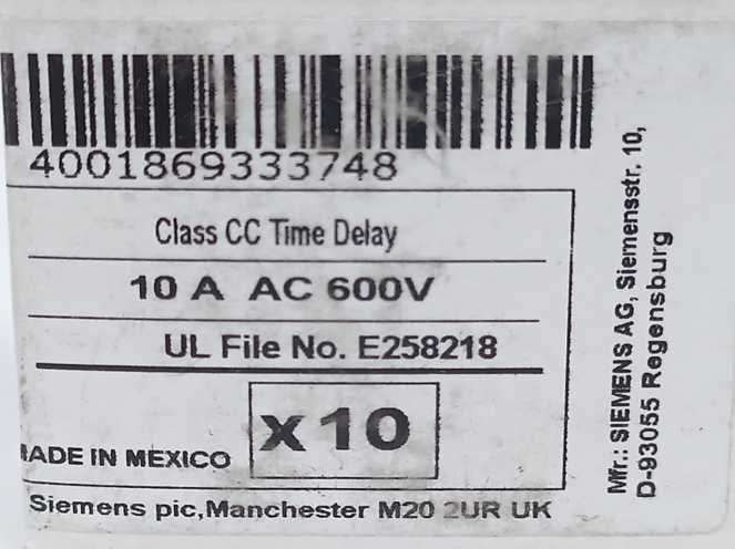 Siemens 3NW1100-0HG Cylindrical Fuse Link, Class CC, 10A, Time-Lag Batch 4pcs.