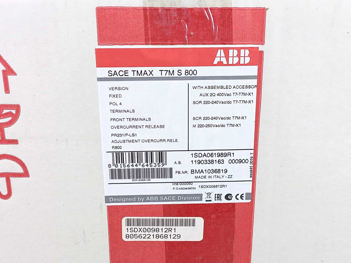 ABB 1SDA061989R1 Circuit Breaker TMAX T7S 800 Fixed 4-Pole