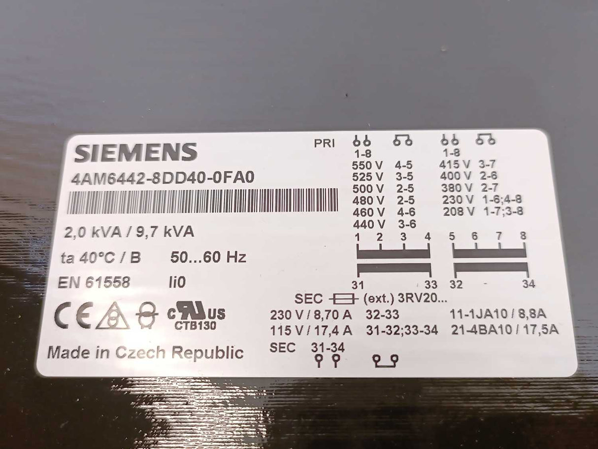 Siemens 4AM6442-8DD40-0FD0 Single-Phase Control Transformer 1.5 kVa