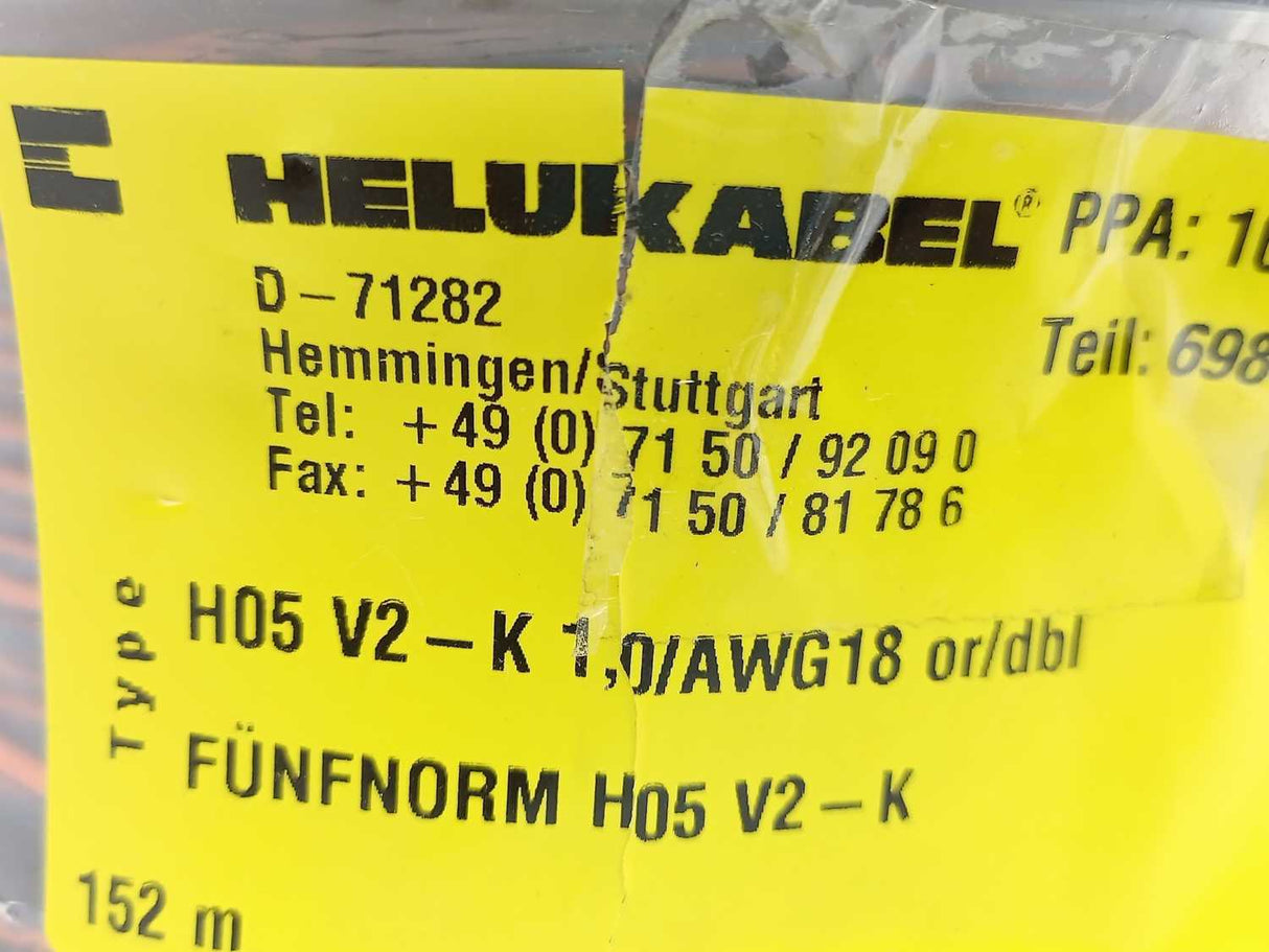HELUKABEL H05V2-K Machine Tool Wire or AWM, 10269, 69846. Lenght: 152m, 18AWG