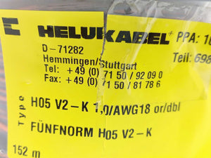 HELUKABEL H05V2-K Machine Tool Wire or AWM, 10269, 69846. Lenght: 152m, 18AWG