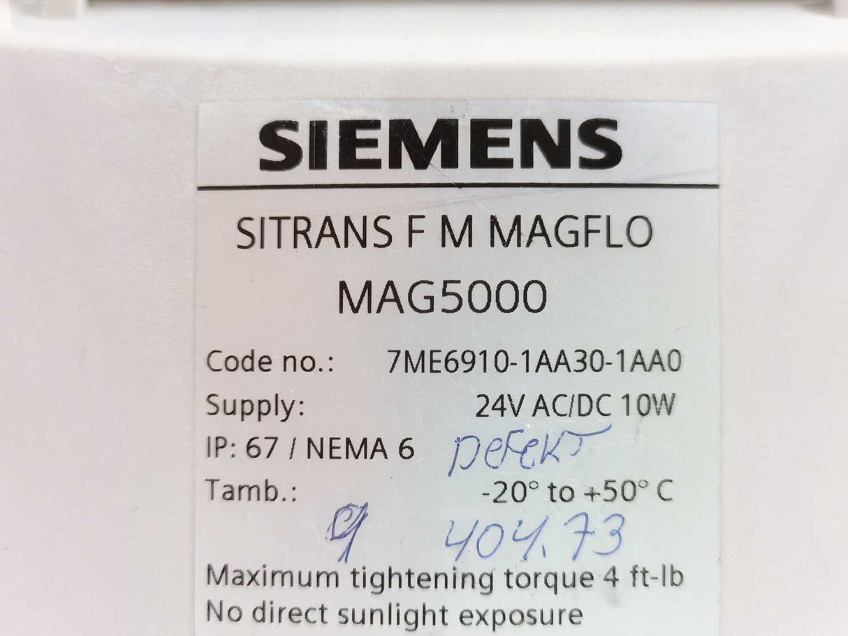 Siemens 7ME6910-1AA30-1AA0 MAG 5000 Transmitter, For Spare Parts