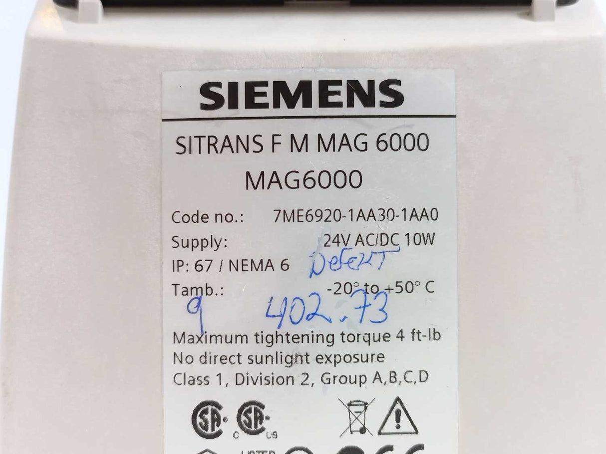 Siemens 7ME6920-1AA30-1AA0 MAG 6000 Transmitter, For Spare Parts