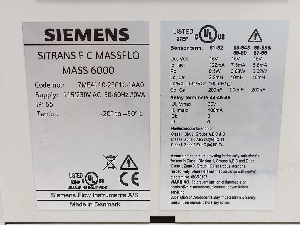 Siemens 7ME4110-2EC10-1AA0 Flow Transmitter Mass 6000
