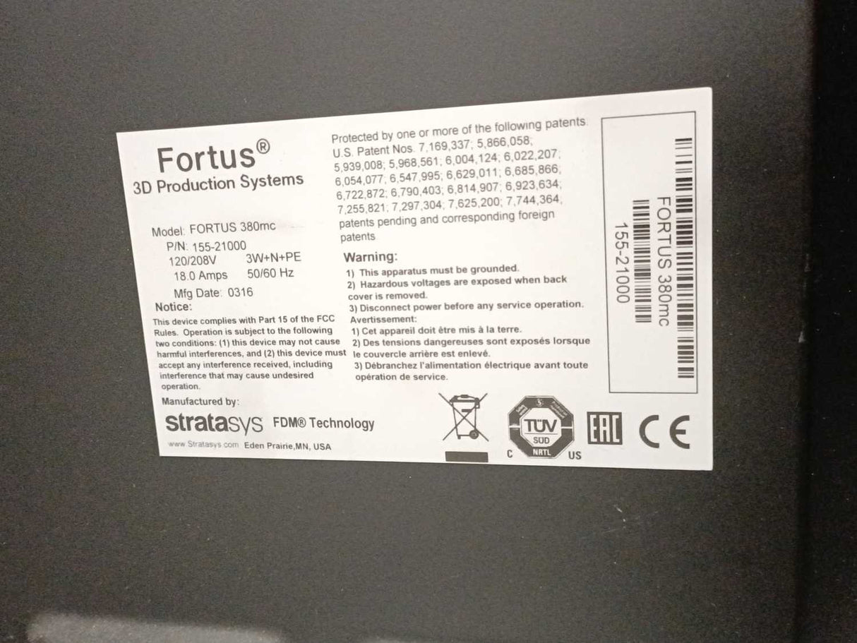 Stratasys Fortus 380mc 3D Printer, 155-21000, 120/208V, 18A, 50/60Hz