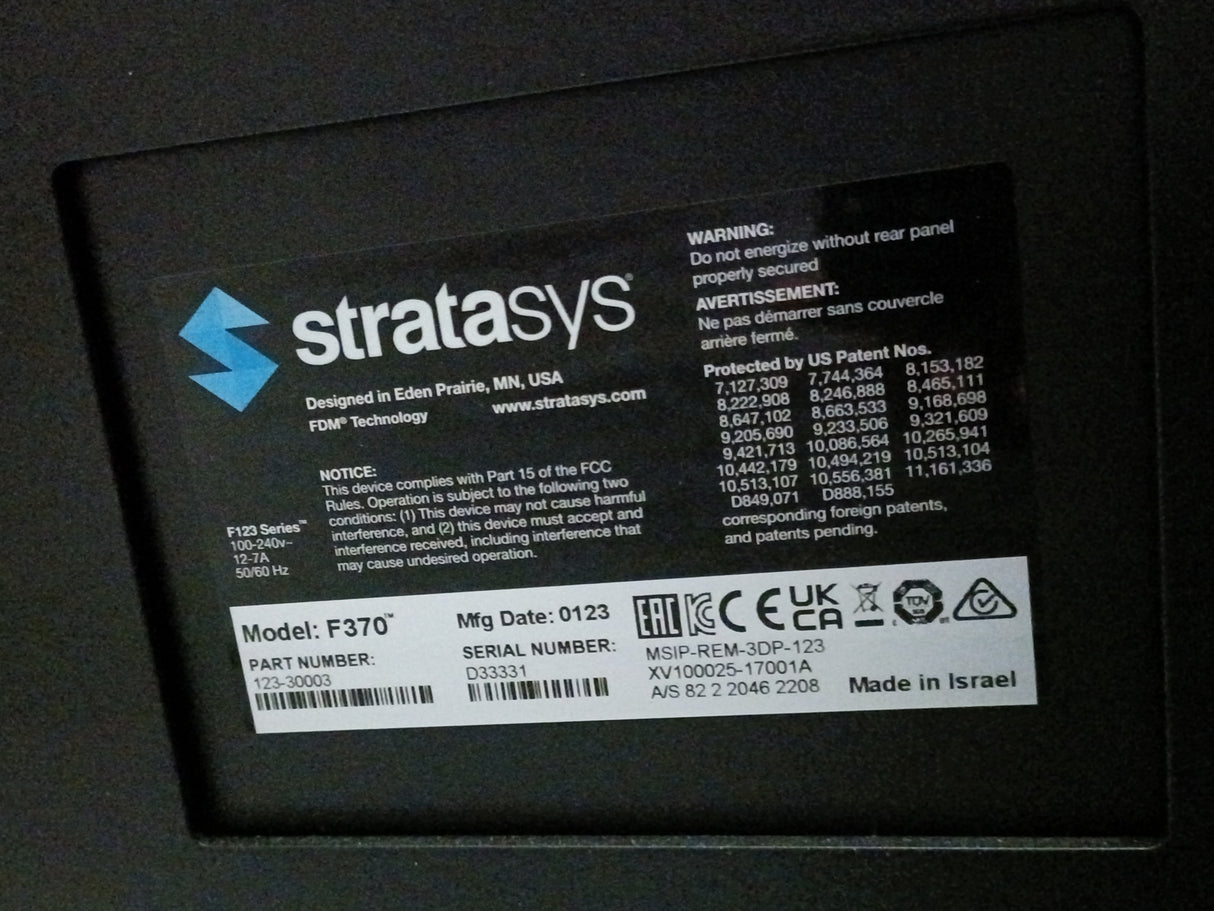 Stratasys F370 3D printer, 123-30003, 100-240V, 12-7A, 50/60Hz