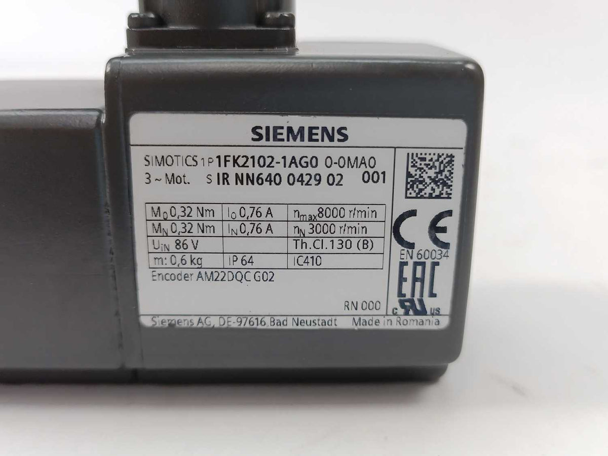 Siemens 1FK2102-1AG00-0MA0 Electric Motor - Inverter Duty