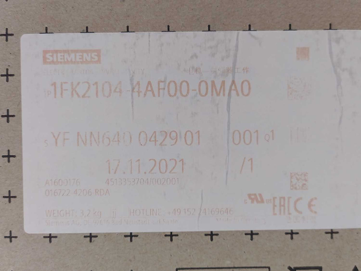 Siemens 1FK2104-4AF00-0MA0 Synchronous Servo Motor