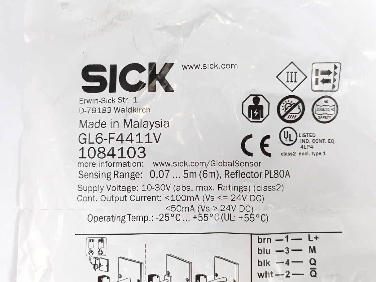 SICK 1084103 GL6-F4411V Photoelectric Retro-Reflective Sensor