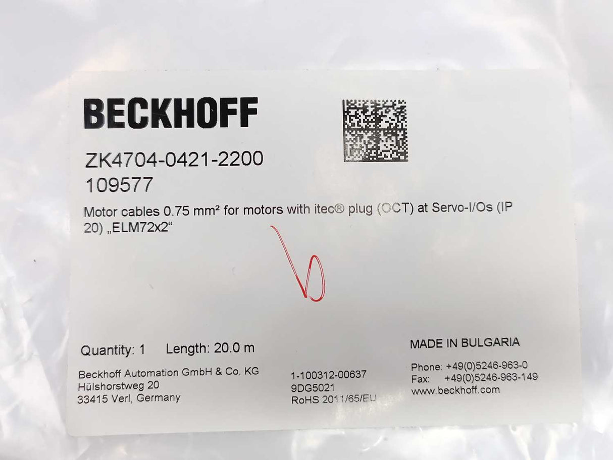 Beckhoff ZK4704-0421-2200 109577 Motor Cable 0.75 mm² 20.0 m