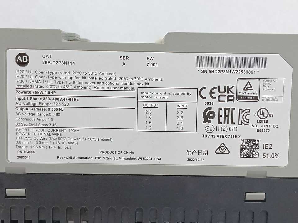 AB 25B-D2P3N114 Series A PowerFlex 525 AC Drive 0.75kW / 1.0HP