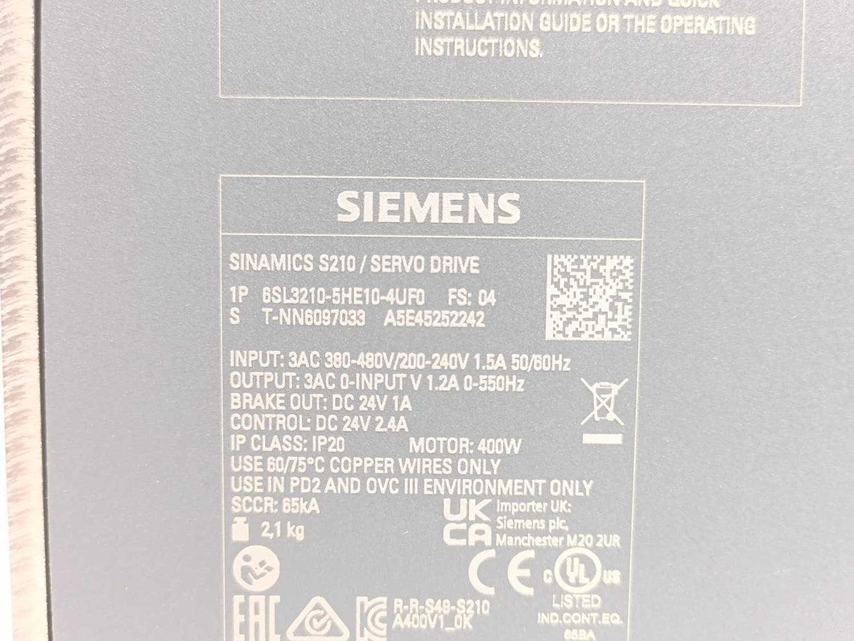 Siemens 6SL3210-5HE10-4UF0 SINAMICS S210 Frequency Converter