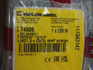 HELUKABEL 74506 TOPSERV 113 PUR (4G1,5 + (2x1)) mm² Orange Cable. 250m Spool