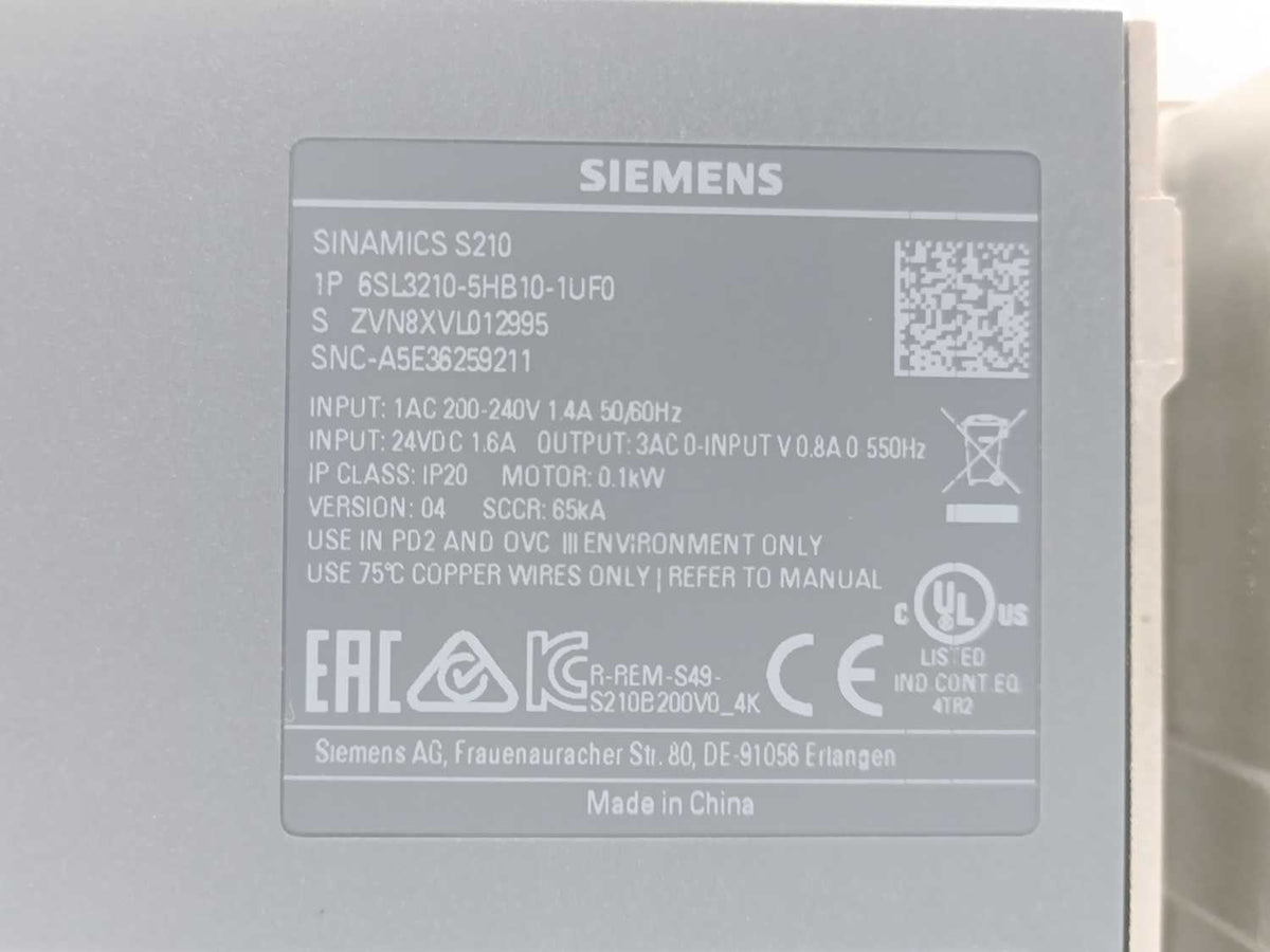 Siemens 6SL3210-5HB10-1UF0 SINAMICS S210 Servo Drive 1AC 230V 0.1kW FSA