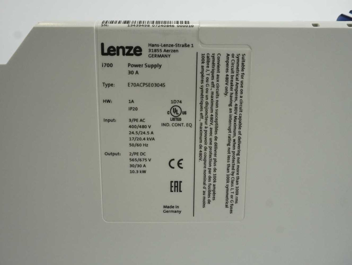 LENZE E70ACPSE0304S i700 Power Supply 30 A Active Line Module