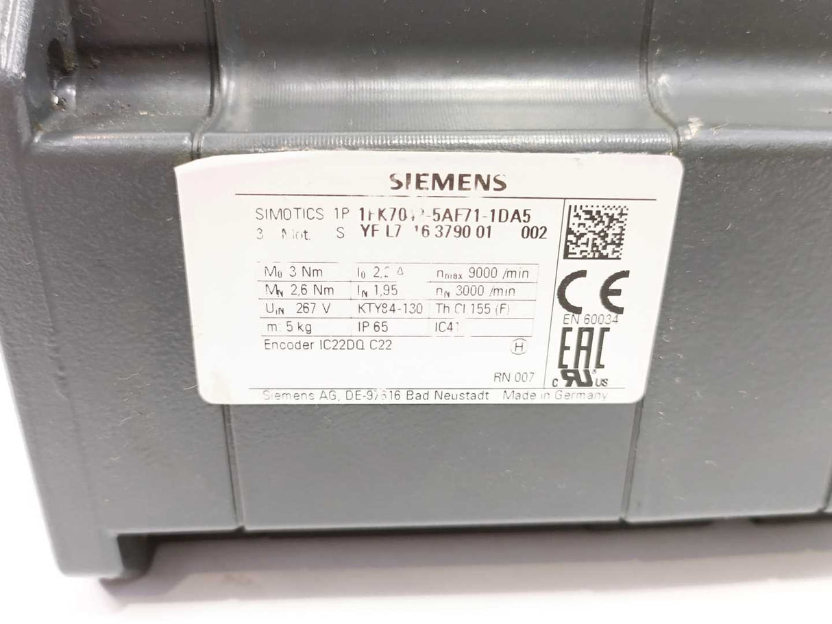 Siemens 1FK7042-5AF71-1DA5 SIMOTICS S Synchronous Servo Motor