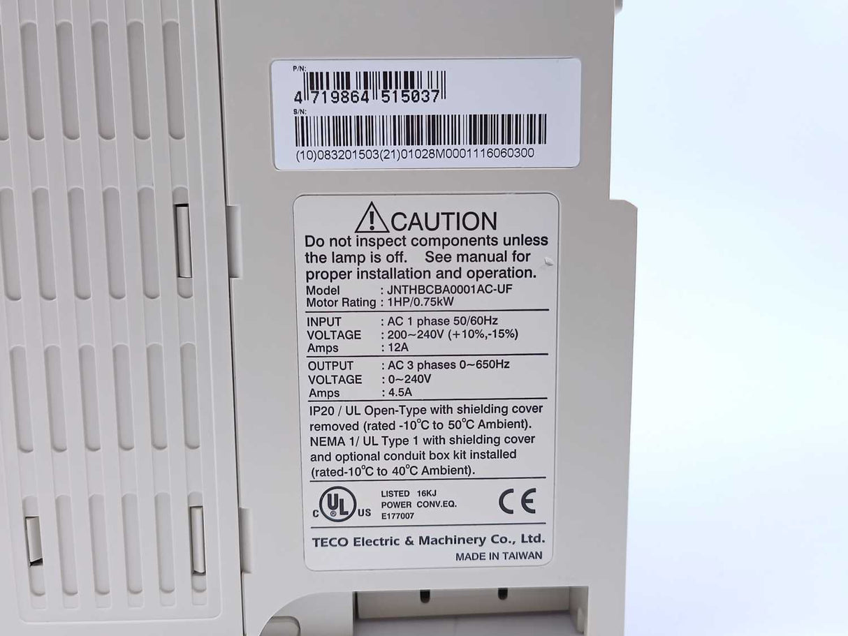 Teco Electric & Machinery JNTHBCBA0001AC-UF 1HP/0.75kW Variable Speed AC Drive