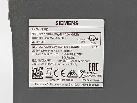 Siemens 6SL3210-5BE21-5CV0 SINAMICS V20, 3AC 400V 1.5kW FILTER C3