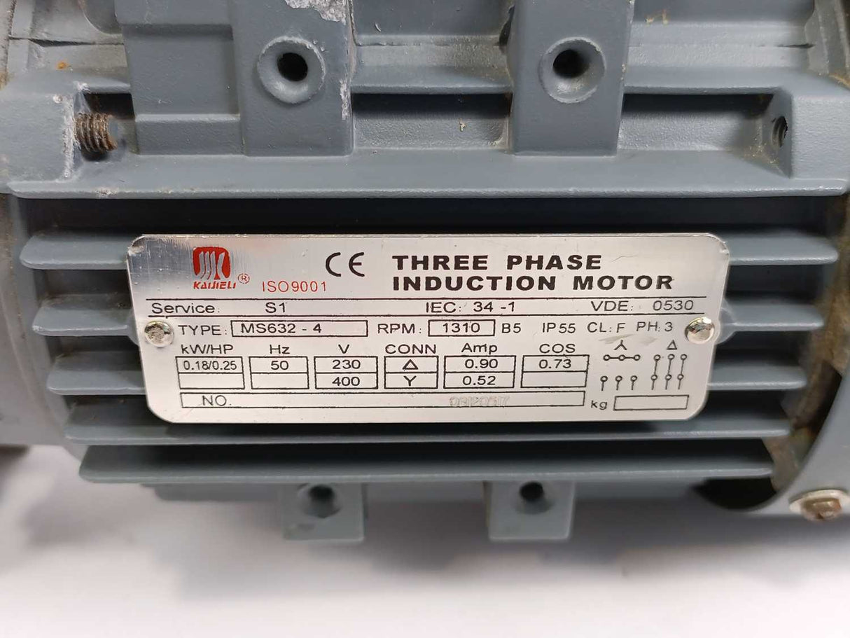 KAIJIELI MS632-4 Three Phase Induction Motor .18/.25kW/HP 50Hz 230V .90Amp