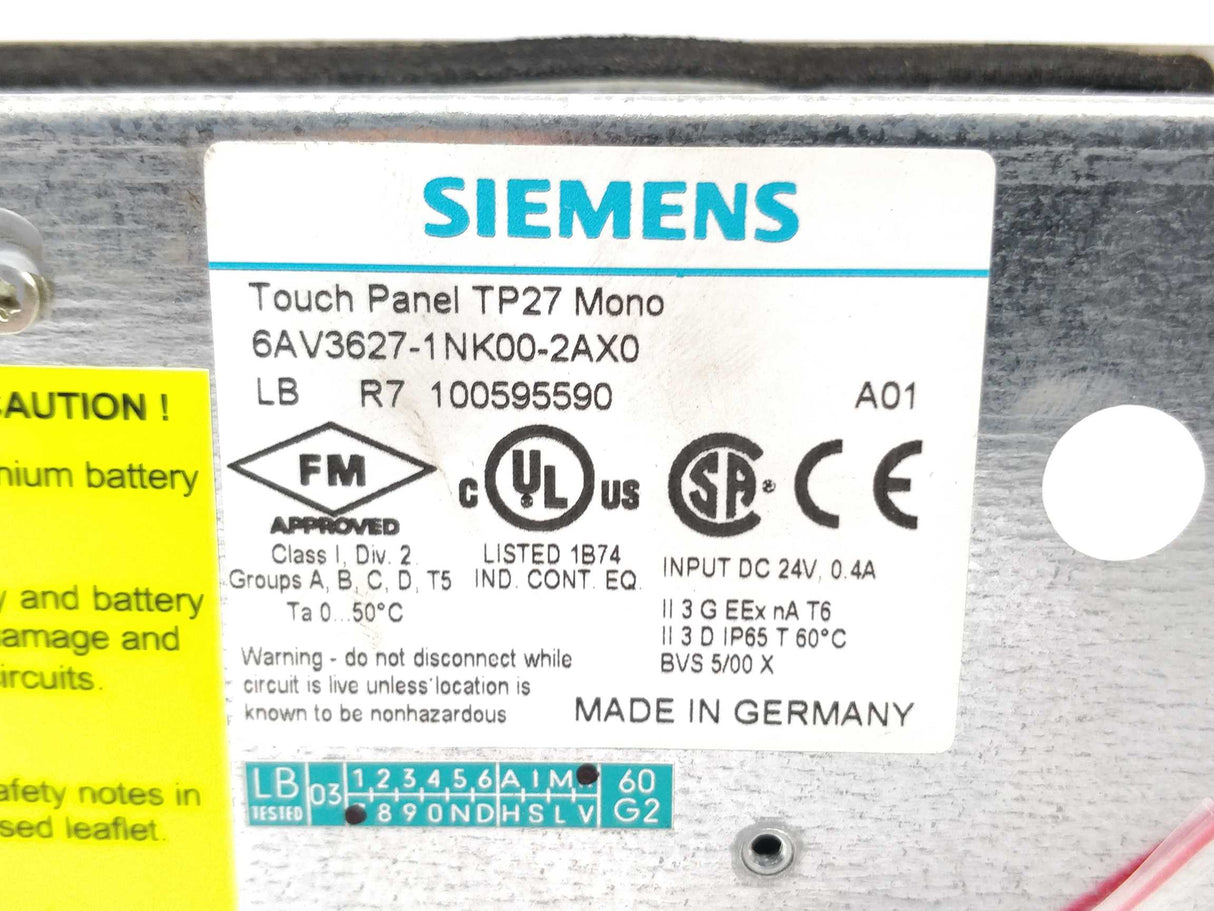 Siemens 6AV3627-1NK00-2AX0 Touch Panel TP27 Mono A.01