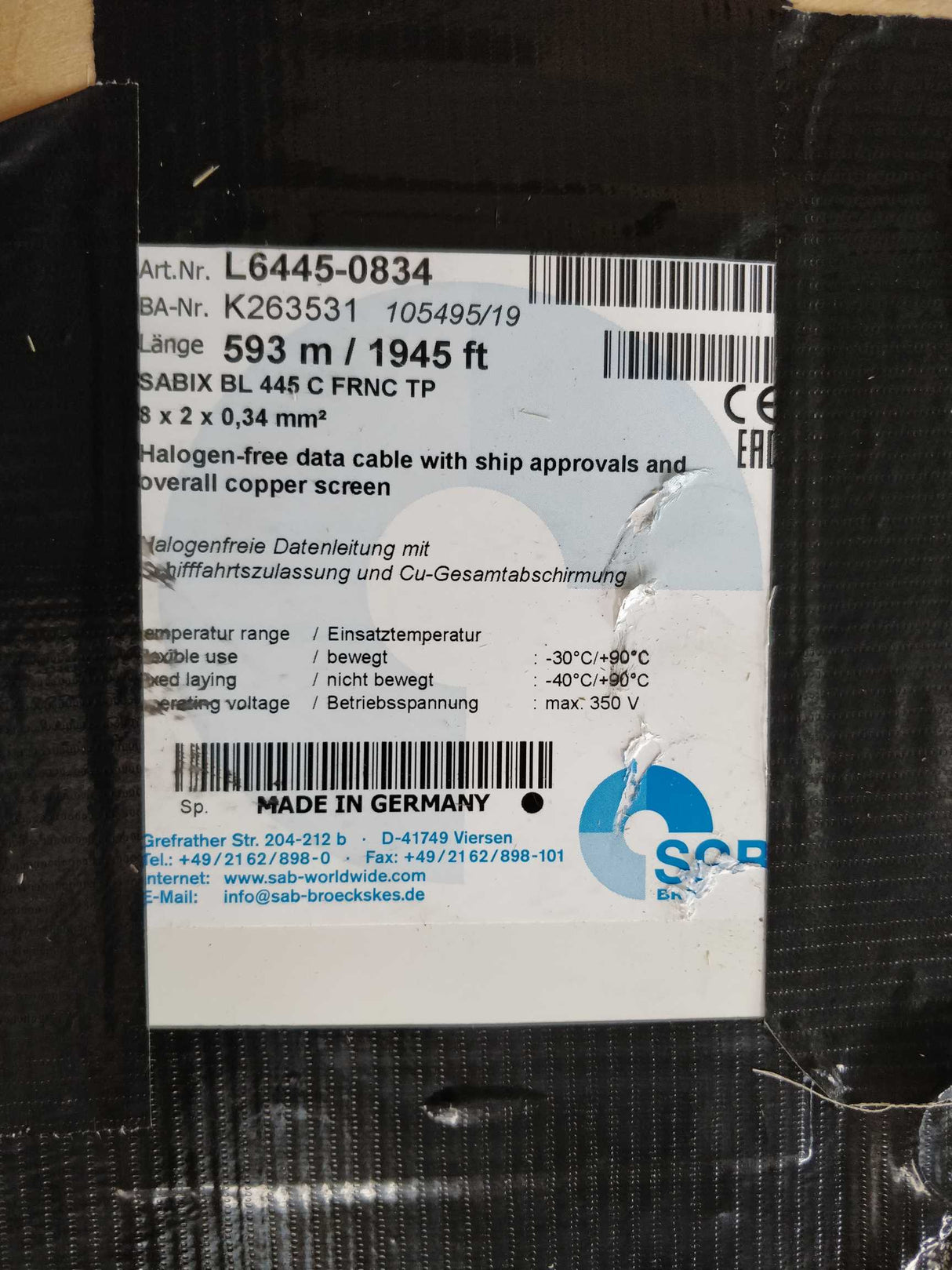 SAB SABIX BL 445 C FRNC TP Data cable 8x2x0.34 593m