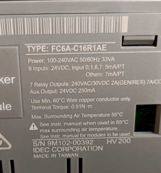 Idec FC6A-C16R1AE MicroSmart PLC 16IO CPU 100-240VAC Relay