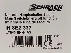 Schrack IN 8E2 337 Emergency-Stop Main Switch 3-pole 4 hole mounting 63A 22kW