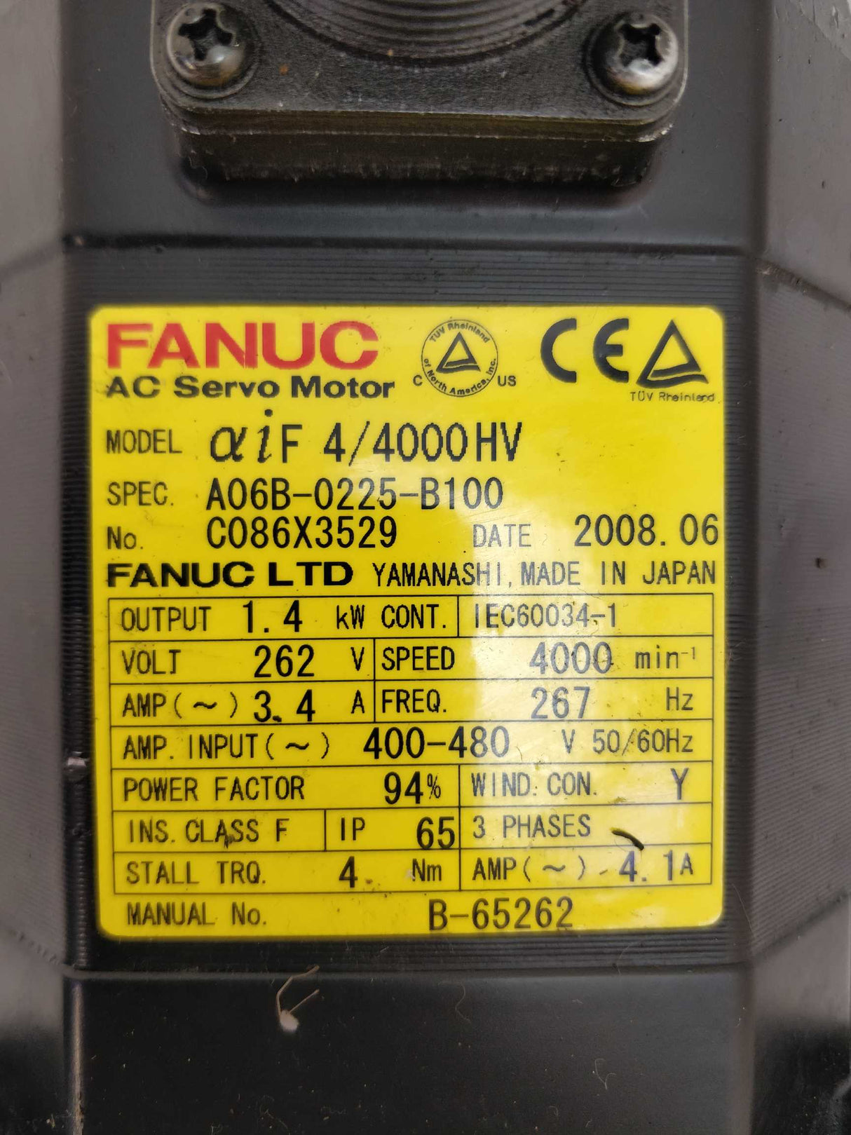 Fanuc A06B-0225-B100 aiF 4/4000HV, AC Servo Motor