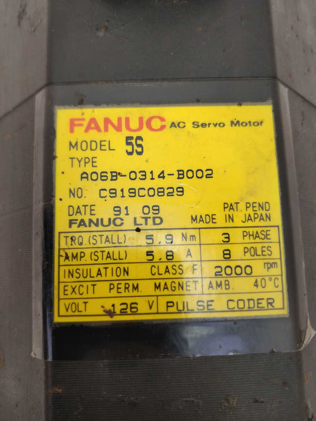 GE Fanuc A06B-0314-B002 AC Servo Motor, MODEL 5S