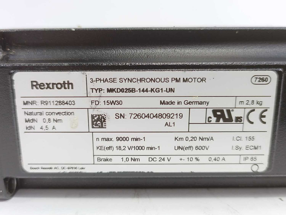 Rexroth R911288403 MKD025B-144-KG1-UN 3-Phase Synchronous PM Motor
