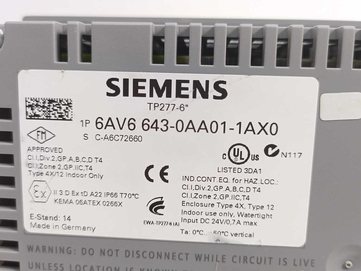 Siemens 6AV6643-0AA01-1AX0 TP277-6" Touch Panel E14