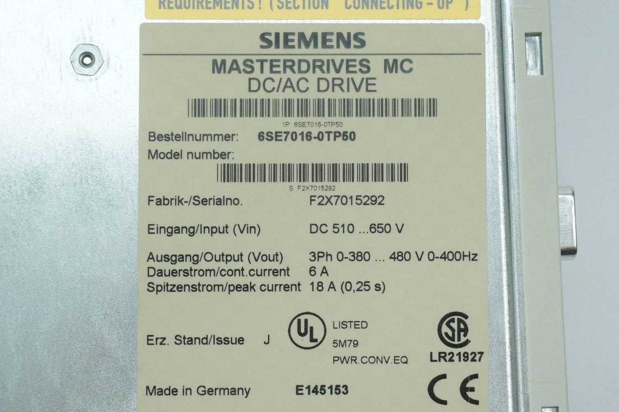 Siemens 6SE7016-0TP50 MASTERDRIVES MC DC/AC Drive