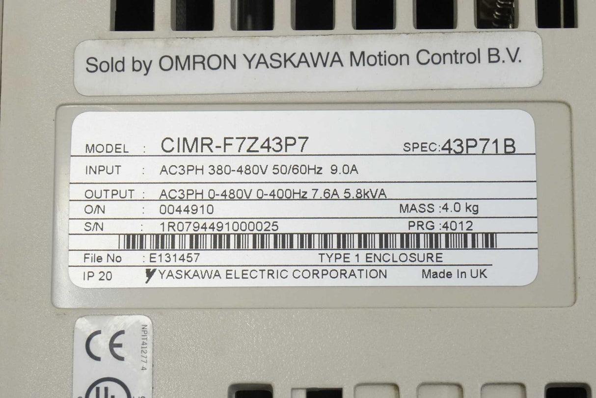 Omron Yaskawa CIMR-F7Z43P7 Varispeed F7 Frequency Inverter (VFD)