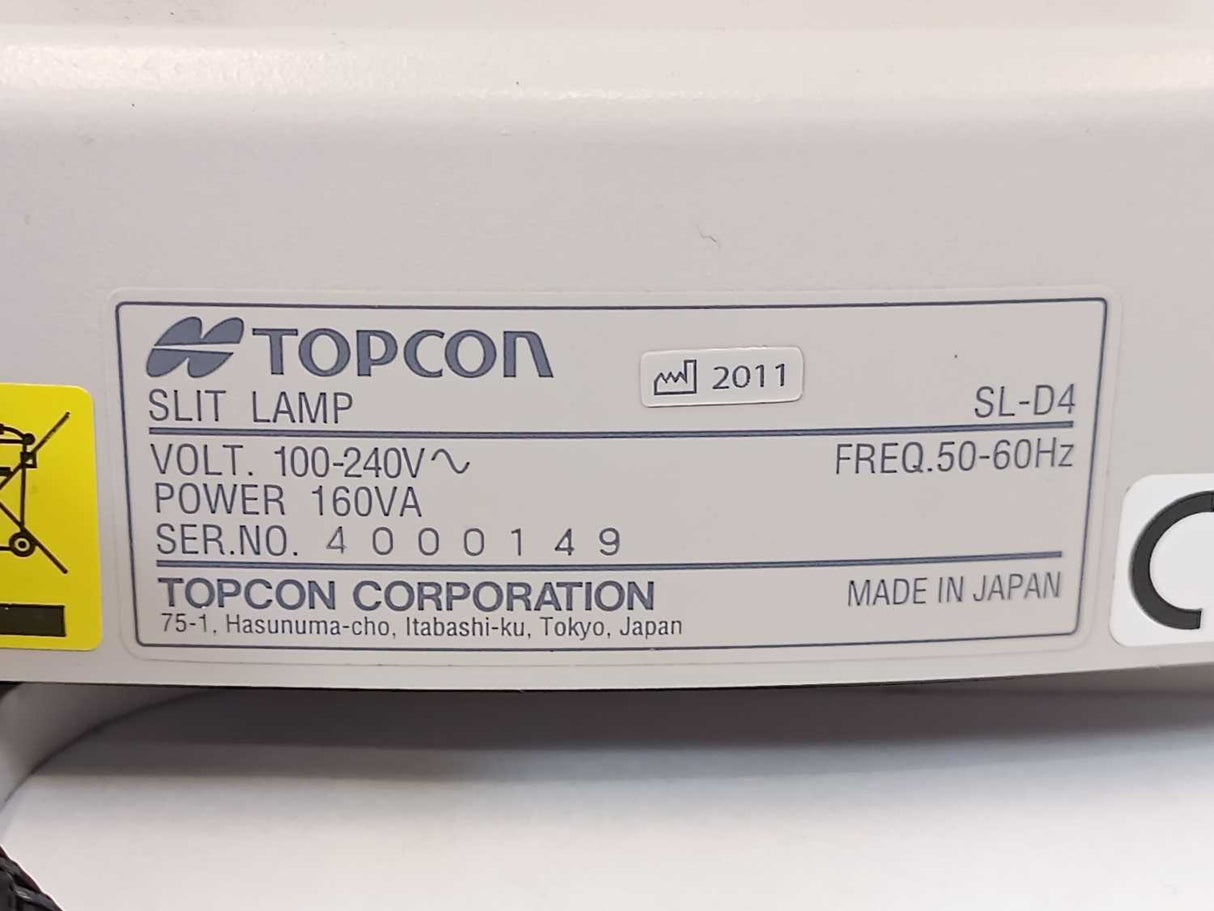 TOPCON SL-D4 Slit Lamp 100-240V w/ CHR-4 Chin Rest