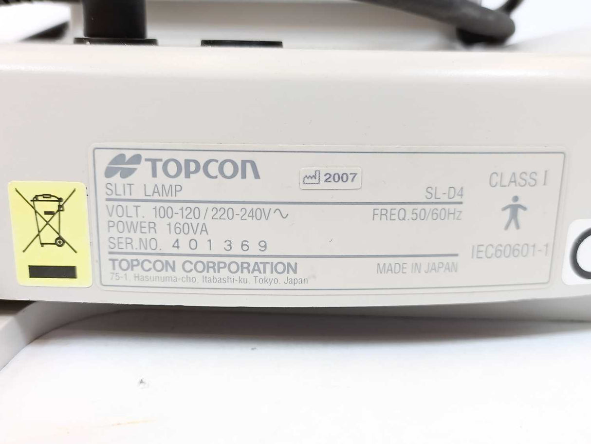 TOPCON SL-D4 Slit Lamp 100-240V w/ CHR-4 Chin Rest