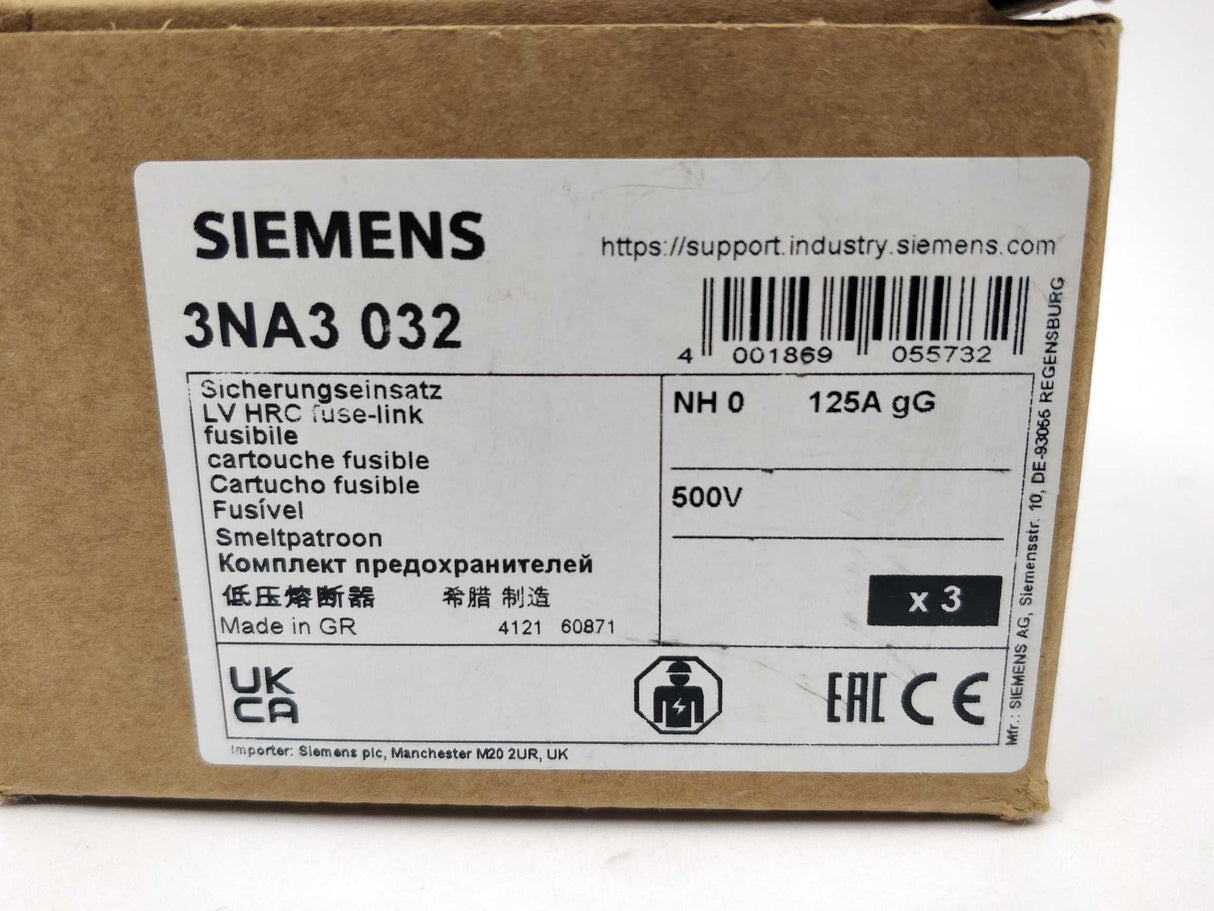 Siemens 3NA3032 LV HRC fuse element 125 A 500 V NH0 3 Pcs.
