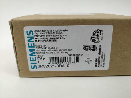 Siemens 3RV2021-0DA10 Circuit Breaker, Size S0, CAT A. 0,22-0,28A